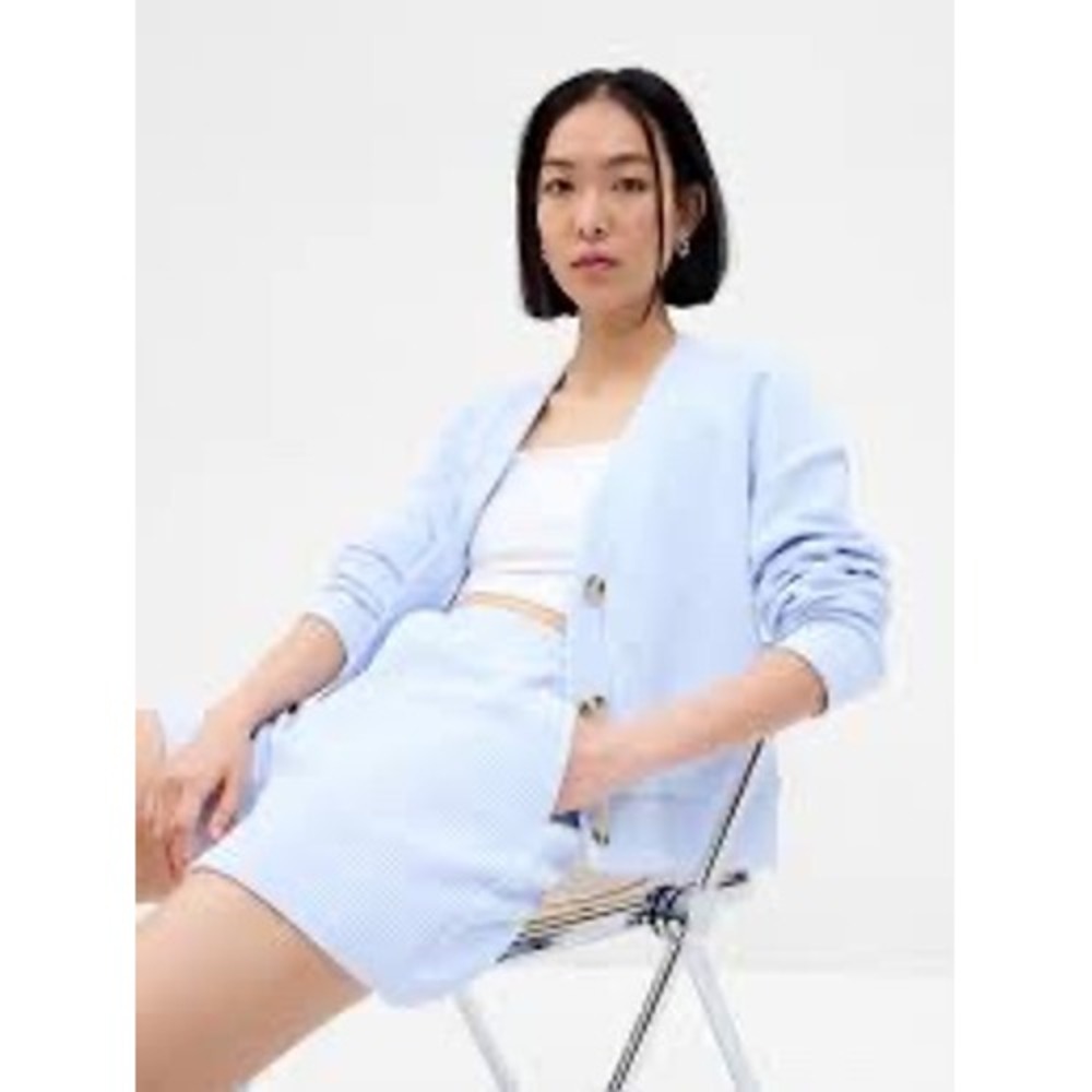 GAP Cardigan Light Blue Ribbed Knit Button Front Cropped V Neck Women's Size L‎